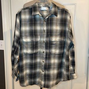VINTAGE anchor blue cotton woven plaid button front long sleeve shirt., men’s L